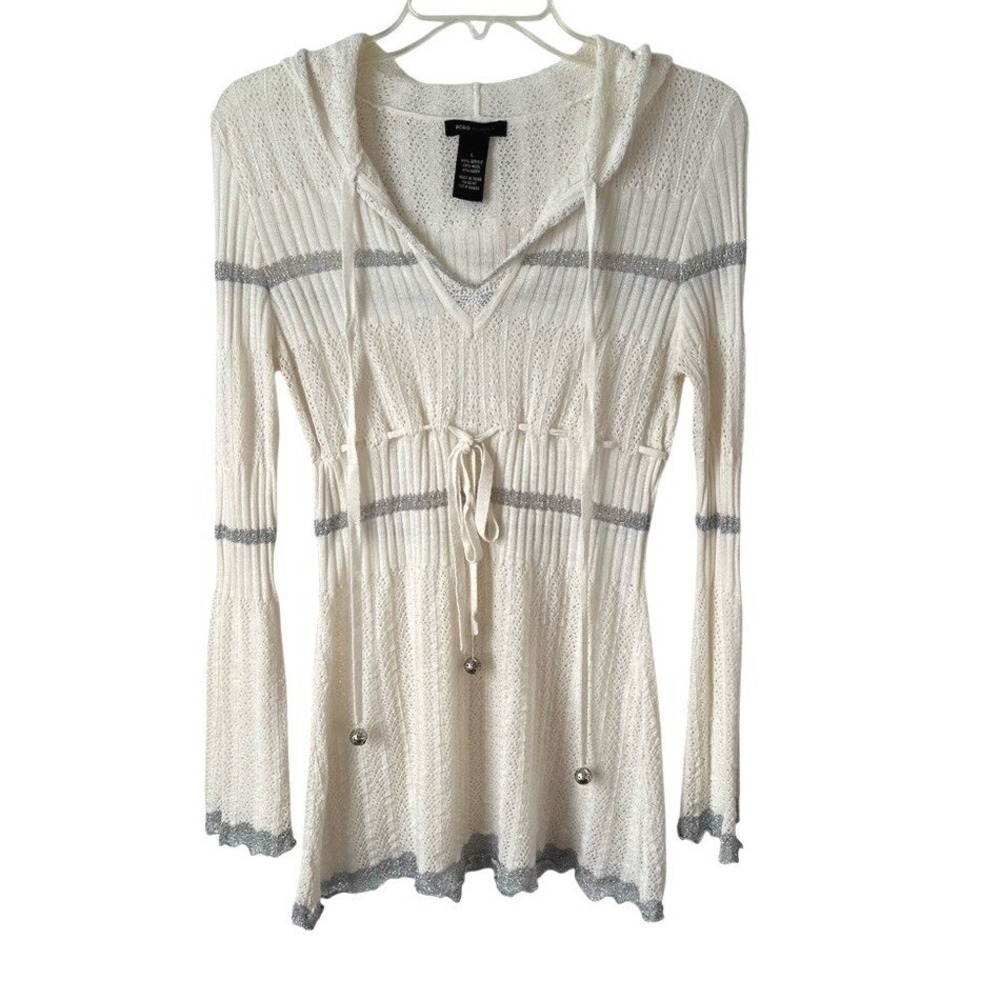 BCBGMaxAzria‎ Wool Cream Pointelle Knit Hooded Sweater Y2K Coquette Fairy Lg